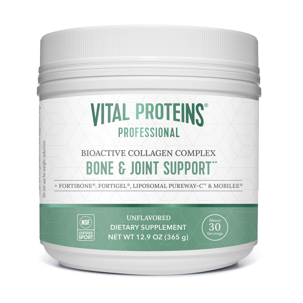 A container of Vital Proteins Professional Bioactive Collagen Complex, Bone & Joint Support, with a white and green label, indicating it is a dietary supplement, unflavored, with 30 servings per container.