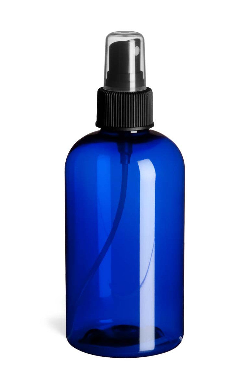 Blue spray bottle with black nozzle on a white background