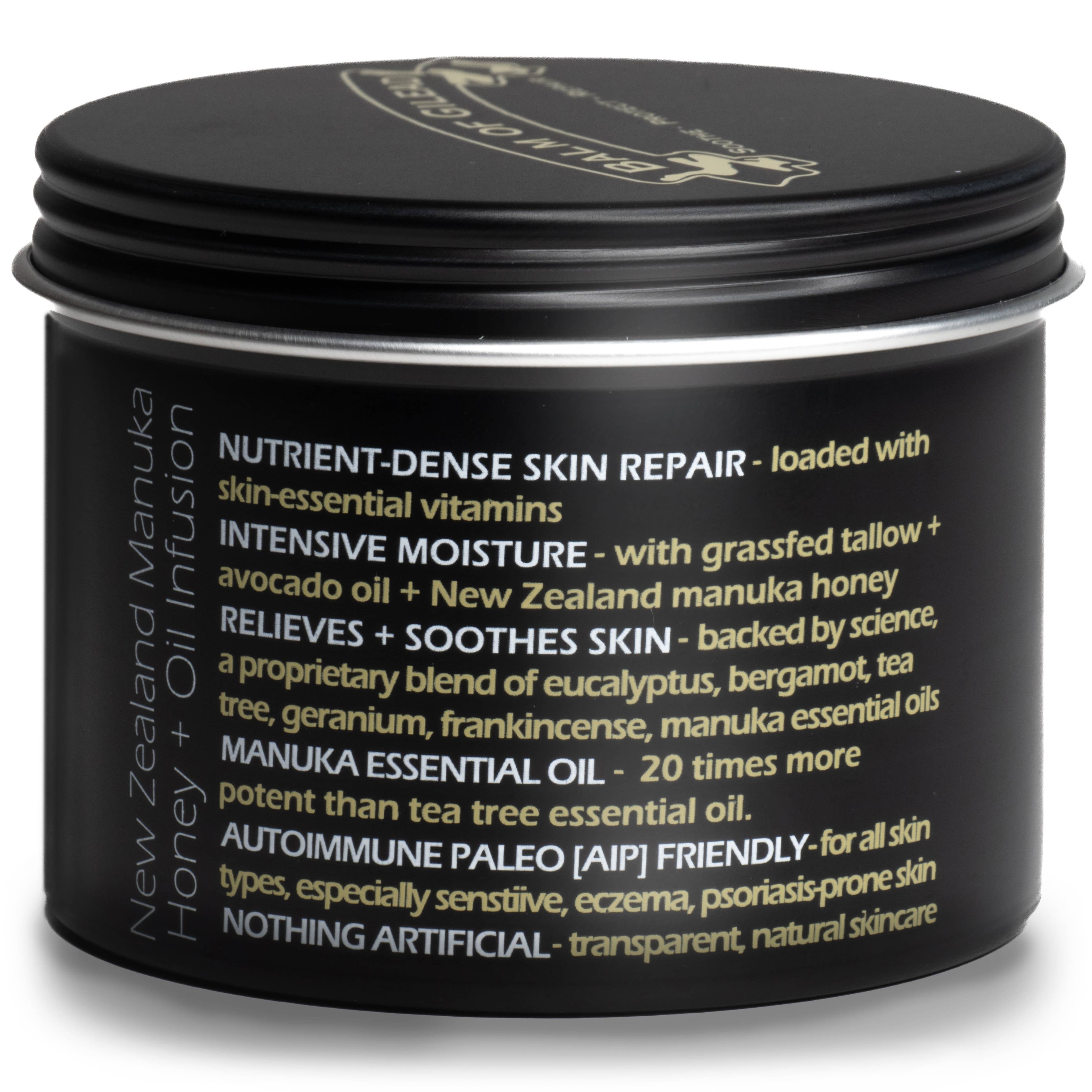 Graphic showing benefits of Manuka Honey Tallow Healing Cream — soothes eczema, psoriasis, and dry skin