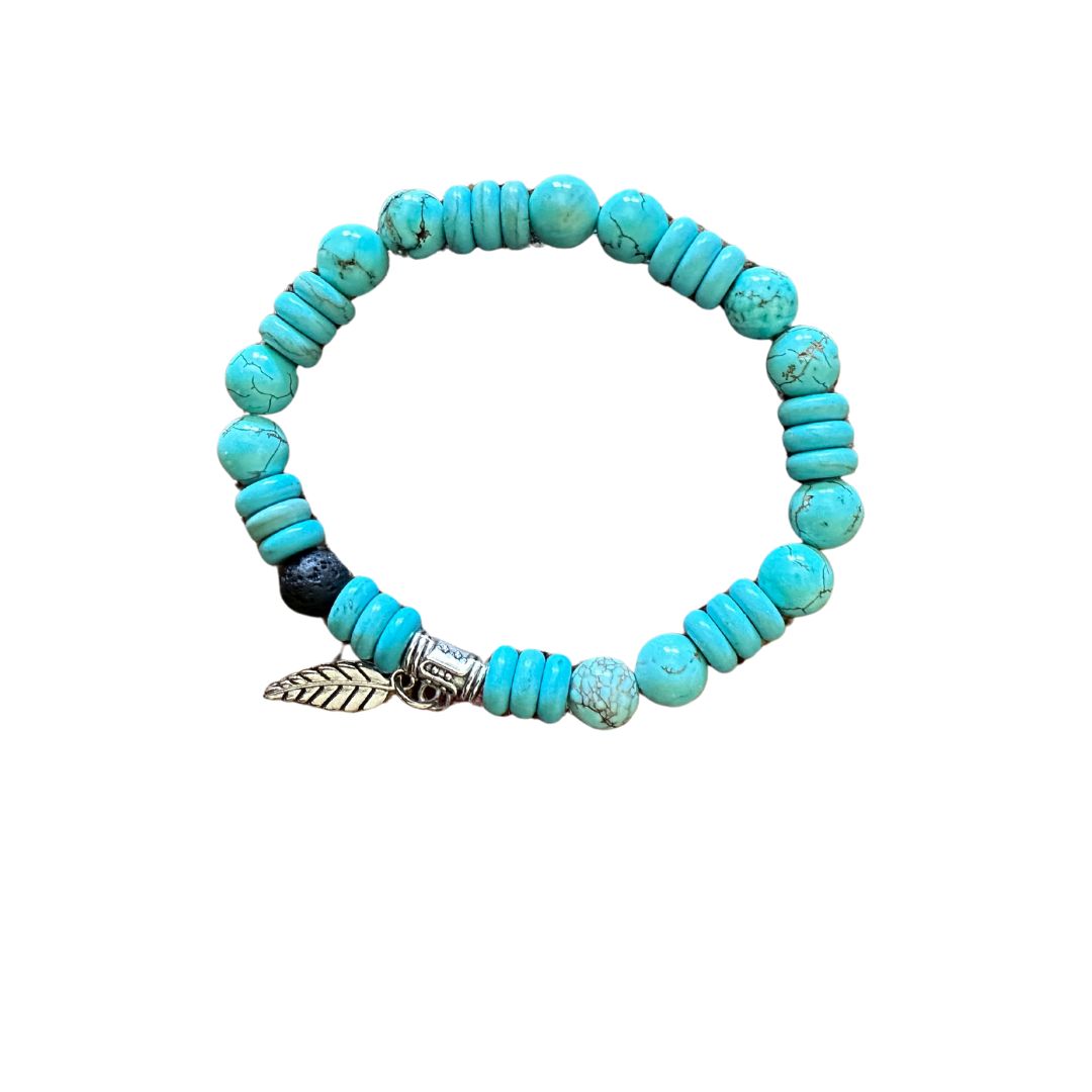 Turquoise with Feather Charm Essential Oil Elastic Slip On Bracelet