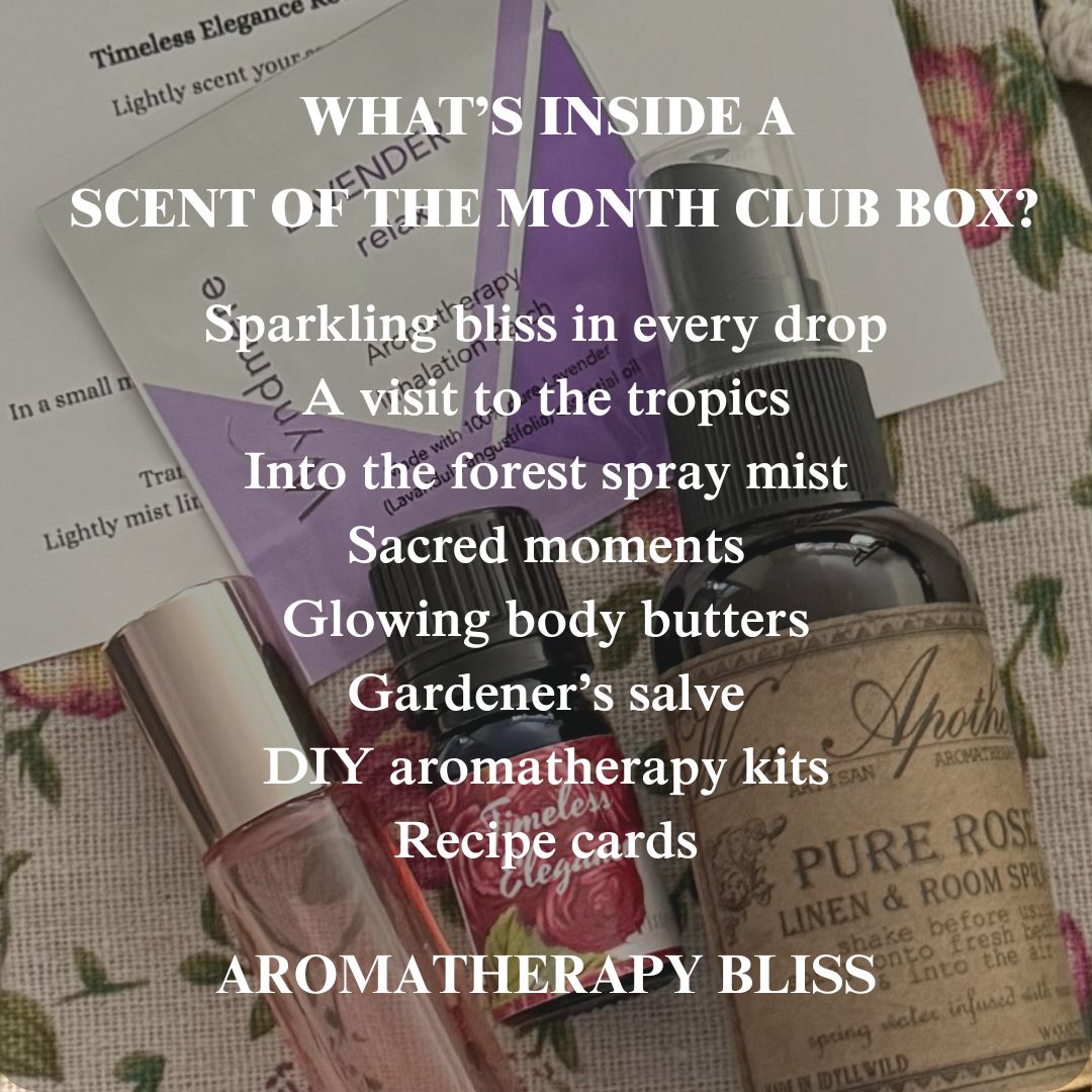 Aromatherapy products with text about what's inside a scent of the month club box on a floral background