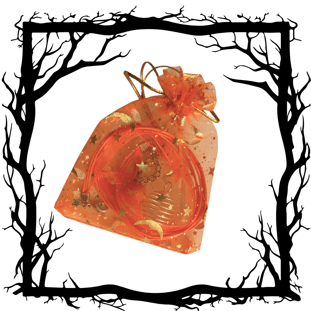 Orange organza bag with a necklace kit inside, framed by black tree branches on a white background