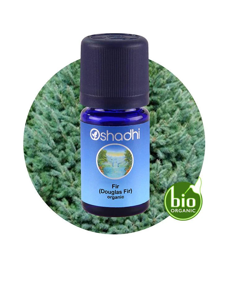 Oshadhi Douglas Fir essential oil bottle with a green leafy background