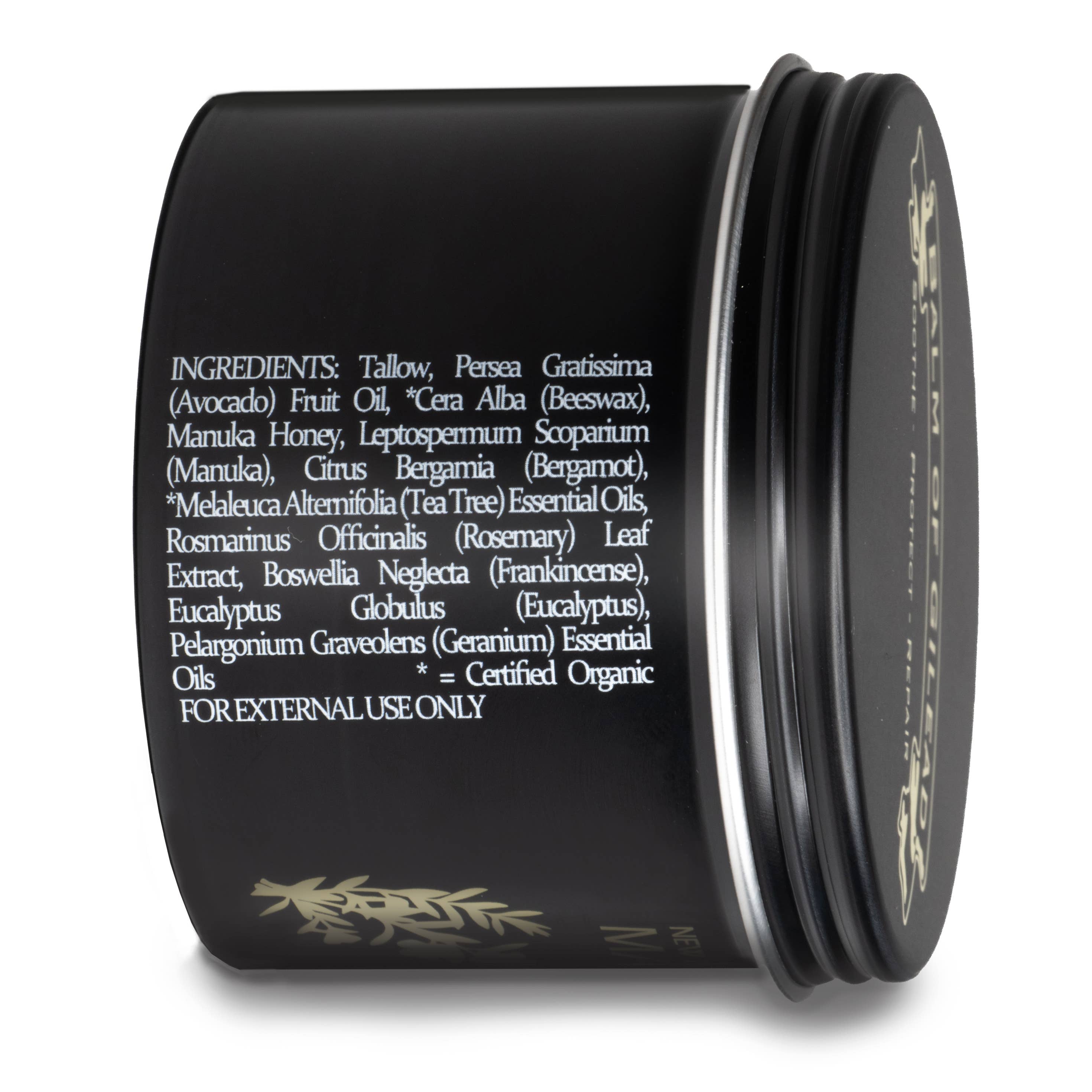 Ingredient list on Balm of Gilead Manuka Honey Tallow Healing Cream — features grass-fed tallow, UMF 15+ manuka honey, and essential oils